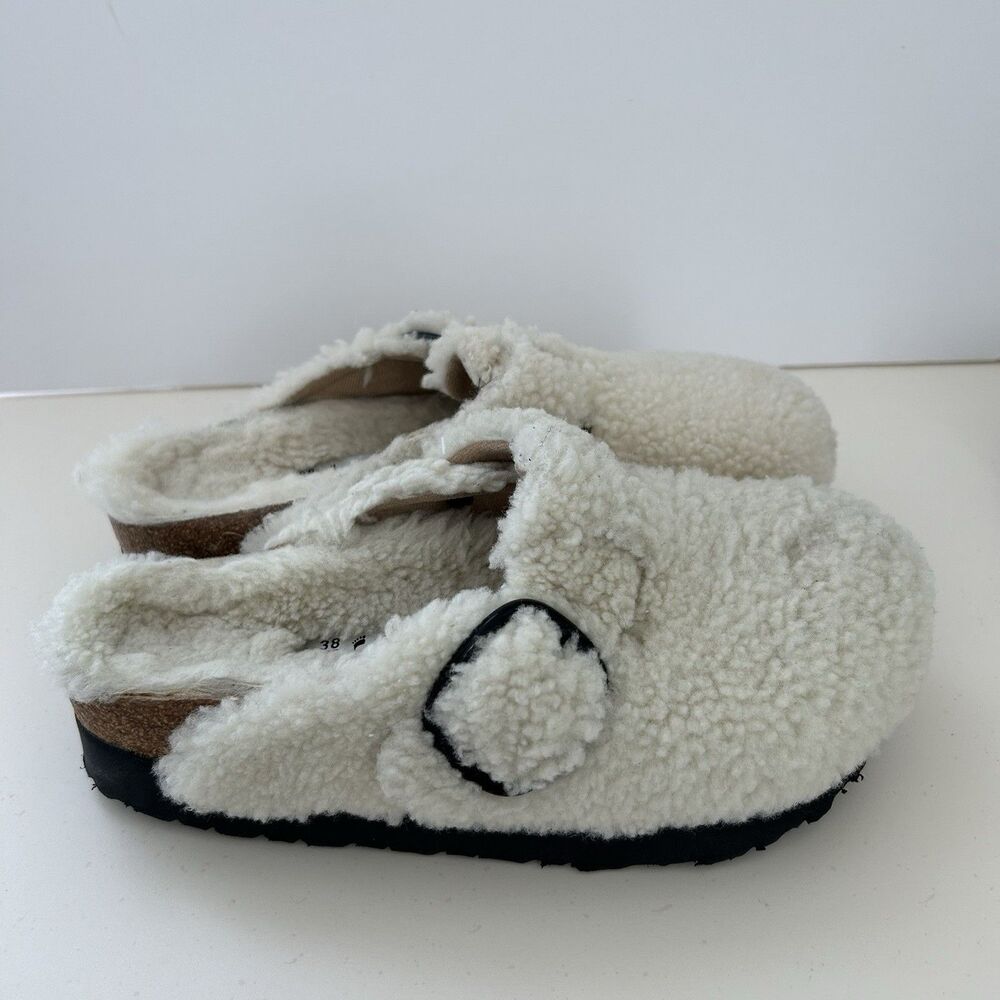 Birkenstock Papillio Sz 38 Boston Big Buckle Platform Shearling Teddy Eggshell